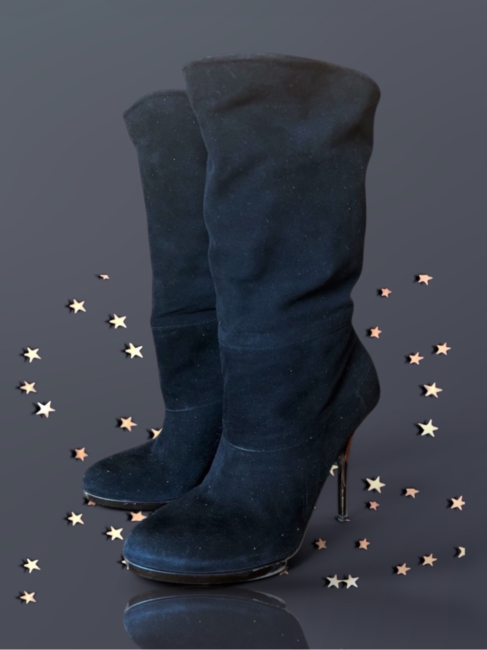 💕Gucci Kid Scamosciato Black Suede Boots Black Bronze Mirror Stiletto Heels 37EU